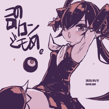 1girl :o armpits arms_up backbeako_(torotei) backbeard blush breasts commentary dated dated_commentary dress elbow_gloves gegege_no_kitarou gloves hair_over_one_eye hair_ribbon kono_lolicon_domome long_hair looking_at_viewer monochrome neckerchief open_mouth original paid_reward_available pink_background pointy_ears ribbon simple_background sleeveless sleeveless_dress small_breasts solo sweatdrop thighhighs torotei translated twintails watermark web_address