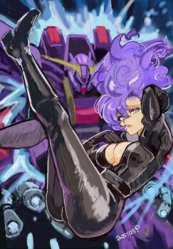 Rule 34 | 1girl, aqua eyes, ass, black bodysuit, bodysuit, breasts, cleavage, commentary, dated, english commentary, gundam, highres, large breasts, long hair, mecha, mecha pilot suit, okrdisk2000, psycho gundam mk ii, purple hair, robot, rosamia badam, science fiction, zeta gundam