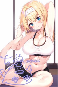 1girl arm_behind_head arm_up armpits bare_arms bare_shoulders barefoot black_shorts blonde_hair blue_eyes breasts character_request check_copyright cinu cleavage closed_mouth commentary_request copyright_request crop_top exercising hairband hand_up highres large_breasts leg_up long_hair looking_at_viewer midriff navel original shirt short_shorts shorts sleeveless sleeveless_shirt smile solo sports_bra stomach white_shirt