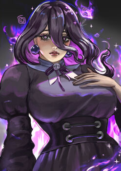 1girl @_@ alternate_breast_size_(larger) aura black_corset black_dress black_hair blush breasts corset dress earrings hair_between_eyes hand_on_own_chest hex_maniac_(pokemon) hex_maniac_(pokemon_legends:_z-a) highres jewelry juliet_sleeves large_breasts long_hair long_sleeves looking_at_viewer neck_ribbon nintendo parted_lips pokemon pokemon_legends:_z-a puffy_sleeves purple_aura purple_eyes purple_ribbon ribbon solo sphere_earrings upper_body whails
