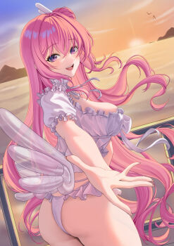 1girl absurdres ass bikini breasts choker commentary_request dorothy_(nikke) dorothy_(serendipity)_(nikke) frilled_bikini frilled_choker frills goddess_of_victory:_nikke highres horizon inflatable_wings long_hair looking_at_viewer looking_back mountain ocean official_alternate_costume pink_hair purple_eyes sky smile solo sunset swimsuit very_long_hair white_bikini wonfle10