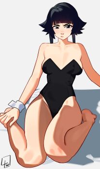 Rule 34 | 1girl, absurdres, alternate breast size (larger), bare legs, bare shoulders, barefoot, black eyes, black hair, black leotard, bleach, blunt bangs, breasts, censored, censored feet, collarbone, full body, grey background, hand on own foot, highleg, highleg leotard, highres, l4wless, large breasts, legs, leotard, lips, long hair, looking at viewer, mosaic censoring, on ground, playboy bunny, signature, simple background, sitting, solo, strapless, strapless leotard, sui-feng, twintails, v-shaped eyebrows, wariza, wrist cuffs