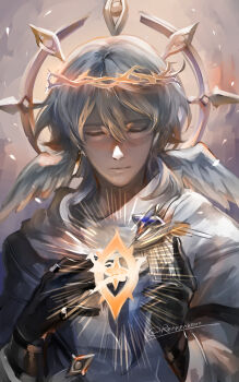 1boy absurdres black_gloves closed_eyes closed_mouth commentary commentary_request earrings english_commentary gloves glowing grey_background grey_hair hair_between_eyes halo halo_behind_head head_wings highres honkai:_star_rail honkai_(series) jewelry male_focus mechanical_halo renrenka_noi solo sunday_(honkai:_star_rail) wings