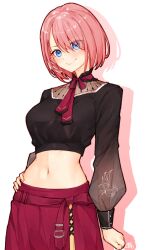 Rule 34 | 1girl, black shirt, blue eyes, breasts, closed mouth, cropped shirt, highres, hololive, large breasts, long sleeves, looking at viewer, ma draws, midriff, navel, neck ribbon, pink hair, red skirt, ribbon, shirt, short hair, skirt, smile, solo, takane lui, takane lui (3rd costume), virtual youtuber