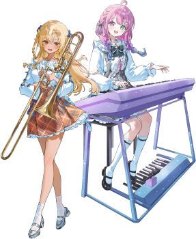 2girls absurdres ahoge aqua_eyes black_bow black_bowtie black_shoes black_skirt blonde_hair bow bowtie braid candy_hair_ornament elf food-themed_hair_ornament full_body grey_shoes hair_ornament hair_ribbon heterochromia highres himemori_luna holding holding_instrument hololive instrument kneehighs long_hair long_sleeves looking_at_viewer mary_janes multiple_girls official_art open_mouth orange_skirt pink_eyes pink_hair pointy_ears red_eyes ribbon shiranui_flare shirt shoes short_sleeves simple_background sitting skirt smile socks standing transparent_background twin_braids very_long_hair virtual_youtuber white_shirt white_socks