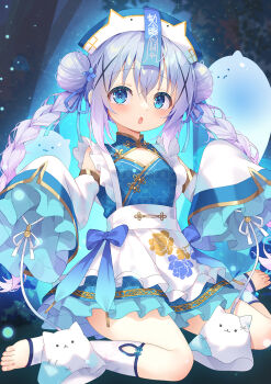 1girl blue_dress blue_eyes blue_hair blue_hat braid breasts chestnut_mouth child china_dress chinese_clothes cleavage_cutout clothing_cutout commentary_request detached_sleeves double_bun dress frilled_sleeves frills ghost gochuumon_wa_usagi_desu_ka? hair_bun hair_ornament halloween hat highres jiangshi_costume kafuu_chino long_hair long_sleeves looking_at_viewer no_shoes ofuda parted_lips sitting sleeveless sleeveless_dress sleeves_past_fingers sleeves_past_wrists small_breasts socks solo taku_michi tippy_(gochiusa) toeless_legwear twin_braids twintails very_long_hair wariza white_sleeves white_socks x_hair_ornament
