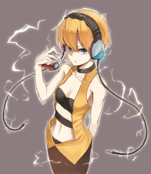 10s 1girl blonde_hair blue_eyes electricity elesa_(pokemon) female_focus gym_leader headphones midriff navel nintendo pantyhose poke_ball pokemon pokemon_bw satoma_makoto short_hair solo static
