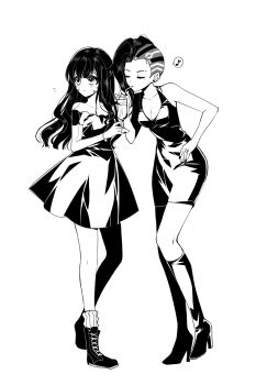 2girls alternate_costume asymmetrical_hair boots bracelet casual cocktail collarbone cross-laced_footwear cup d.va_(overwatch) dress drinking_glass drinking_straw earrings closed_eyes facepaint facial_mark full_body greyscale highres jewelry kaoruru_(sakuno2911) knee_boots leaning_forward long_hair looking_to_the_side mole mole_under_eye monochrome multiple_girls musical_note overwatch overwatch_1 quaver ring shared_drink short_dress simple_background socks sombra_(overwatch) speech_bubble spoken_musical_note strapless strapless_dress stud_earrings whisker_markings white_background