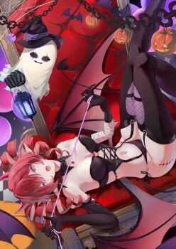 1girl absurdres alternate_costume alternate_hairstyle asymmetrical_gloves black_collar black_eyes black_garter_straps black_gloves black_hat black_thighhighs blue_pupils breasts chain chair chigusa7h circle_facial_mark cleavage cloak clothing_request collar commentary_request demon_tail detached_collar drill_hair earrings elbow_gloves facial_mark feet_out_of_frame from_above garter_straps gloves hair_between_eyes halloween halloween_costume hat highres jewelry large_breasts looking_at_viewer lying mark_under_both_eyes mechanical_hands medium_hair navel on_back on_chair pointy_ears pumpkin purple_eyes red_hair single_mechanical_hand stomach tacet_mark_(wuthering_waves) tail thighhighs twin_drills white_cloak witch_hat wuthering_waves yinlin_(wuthering_waves) zapstring_(wuthering_waves)