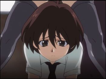 1boy 1girl animated animated_gif anime_screenshot breast_rest breasts breasts_on_head brown_hair eiken happy huge_breasts mifune_densuke misono_kirika open_mouth purple_hair school_uniform smile zashono_academy_school_uniform