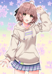 Rule 34 | 1girl, arm up, black ribbon, blue skirt, brown hair, brown hoodie, clothes writing, commentary request, cowboy shot, flat chest, frills, hair ribbon, highres, hood, hoodie, idolmaster, idolmaster shiny colors, ikuta haruki, jewelry, miniskirt, multicolored background, necklace, open mouth, ougi hina, plaid, plaid skirt, pleated skirt, ribbon, short hair, skirt, smile, solo, yellow eyes