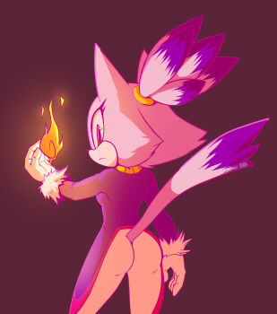 1girl animal_ears animal_nose arm_at_side artist_name ass blaze_the_cat body_fur bodysuit breasts cat_ears cat_girl cat_tail closed_mouth coat commentary cowboy_shot dated english_commentary fire flipped_hair from_behind frown furry furry_female gloves highres long_sleeves looking_at_viewer looking_back medium_breasts pink_background ponytail purple_coat purple_fur pyrokinesis short_hair sideways_mouth signature simple_background solo sonic_(series) standing sy_noon tail tail_raised tight_clothes white_bodysuit white_fur white_gloves