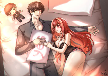 Rule 34 | 1boy, 1girl, artist name, breasts, character doll, choker, closed eyes, commander (nikke), covered navel, doll, dolphin shorts, goddess of victory: nikke, highres, hoshiberuu, large breasts, lipstick mark, long hair, looking at another, navel, on bed, pajamas, rapi (nikke), rapi (red hood) (cherished red) (nikke), rapi (red hood) (nikke), red eyes, red hair, see-through clothes, shorts, sleeping, smile, very long hair, yes-no pillow