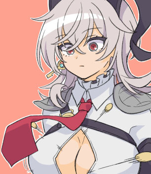 1girl black_eyes black_horns breasts chest_harness collared_shirt commentary_request curled_horns gebet610 grey_hair hair_between_eyes harness highres horns large_breasts long_hair multicolored_eyes necktie orange_background partial_commentary popped_button red_eyes red_necktie shirt simple_background solo two-tone_eyes upper_body white_shirt wuthering_waves zani_(wuthering_waves)