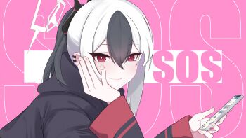 Rule 34 | 1girl, black hair, black hoodie, black horns, blue archive, cellphone, closed mouth, commentary, demon horns, ear piercing, hair between eyes, halo, hand on own face, highres, holding, holding phone, hood, hood down, hoodie, horns, idolmaster, idolmaster shiny colors, kayoko (blue archive), lenslans, long sleeves, looking at viewer, medium hair, multicolored hair, phone, piercing, pink background, ponytail, red eyes, sidelocks, smartphone, smile, solo, song name, sos (idolmaster), two-tone hair, upper body, white hair