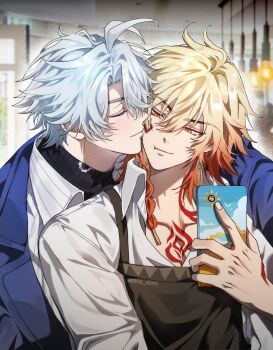 Rule 34 | 2boys, antenna hair, apron, bboo hoyo, black choker, black sweater, blonde hair, blue coat, blush, braid, brown apron, chest tattoo, choker, closed eyes, coat, collared shirt, commentary, earrings, facial tattoo, gold earrings, gradient hair, highres, holding, holding phone, honkai: star rail, honkai (series), jewelry, kiss, kissing cheek, male focus, medium hair, multicolored hair, multiple boys, mydei (delicacies) (honkai: star rail), mydei (honkai: star rail), official alternate costume, parted bangs, phainon (honkai: star rail), phainon (luckin coffee) (honkai: star rail), phone, red hair, red tattoo, shirt, short hair, side braid, sweater, tattoo, turtleneck, turtleneck sweater, white hair, white shirt, yaoi, yellow eyes