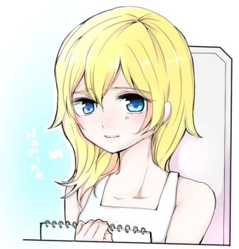 Rule 34 | 1girl, blonde hair, blue eyes, closed mouth, dress, kingdom hearts, kingdom hearts ii, long hair, looking at viewer, namine, smile, solo, white dress, yukkko14