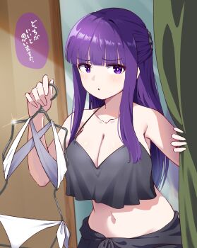 1girl :o bare_shoulders blush breasts cleavage collarbone fern_(sousou_no_frieren) fitting_room hair_ornament highres holding hyoe_(hachiechi) indoors large_breasts long_hair looking_at_viewer midriff navel purple_eyes purple_hair sarong sleeveless solo sousou_no_frieren swimsuit translated trying_on_clothes