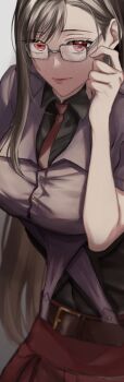 1girl belt belt_buckle black_hair black_shirt breasts buckle closed_mouth collared_shirt commentary_request cosplay final_fantasy final_fantasy_vii final_fantasy_vii_remake glasses grey_shirt hair_behind_ear hand_up large_breasts lips long_hair looking_at_viewer minatoyatonami nayo_(ff7) nayo_(ff7)_(cosplay) necktie pink_lips red_eyes red_necktie red_skirt shirt short_sleeves single_sidelock skirt solo swept_bangs tifa_lockhart upper_body