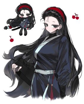 Rule 34 | 1girl, :<, absurdres, aegyo sal, aeng-du (project moon), anzekeye, black eyes, black gloves, black hair, black hanbok, black pantyhose, breasts, cherry, chibi, chibi inset, chinese commentary, closed mouth, commentary request, elbow gloves, fingerless gloves, food, fruit, gloves, hair slicked back, hairband, hanbok, hand on hilt, highres, korean clothes, limbus company, long hair, long sleeves, looking at viewer, looking to the side, low-tied long hair, medium breasts, no pupils, pantyhose, project moon, red hairband, sash, scabbard, sheath, simple background, standing, tassel, very long hair, waist sash, waist tassel, white background, white sash