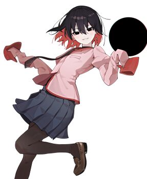 1girl absurdres anomarasu black_eyes black_pantyhose bob_cut empty_eyes highres loafers looking_at_viewer monogatari_(series) multicolored_hair naoetsu_high_school_uniform oshino_ougi pantyhose red_hair school_uniform shoes short_hair skirt sleeves_past_fingers sleeves_past_wrists smile solo the_darkness_(monogatari) two-tone_hair