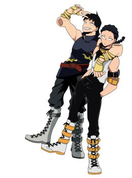 2boys arm_belt arm_over_shoulder belt black_hair boku_no_hero_academia boots braid braided_ponytail chinese_clothes hands_in_pockets highres looking_at_viewer male_focus multiple_boys pants rin_hiryuu sero_hanta short_hair sleeveless toned toned_male truchmobis v white_background