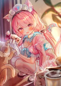 Rule 34 | ahoge, animal ear fluff, animal ears, asymmetrical legwear, bag, bell, belt, belt collar, blue bow, blush, bow, breasts, cardigan, cardigan on shoulders, cat, cat ears, cat girl, cat tail, cleavage, collar, commentary request, extra ears, gloves, heart, highres, holding, holding bag, indie virtual youtuber, jingle bell, low twintails, maid, maid headdress, mismatched legwear, muchao (yuuki sakuna), neck ribbon, pink eyes, pink hair, puffy short sleeves, puffy sleeves, rachip, ribbon, shoes, short sleeves, squatting, tail, tail bow, tail ornament, thigh strap, thighhighs, twintails, virtual youtuber, wavy mouth, yuuki sakuna