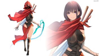 Rule 34 | 1girl, absurdres, armor, artist name, bad id, bad pixiv id, bandaged arm, bandaged leg, bandages, black armor, black boots, boobplate, boots, breastplate, breasts, breasts apart, capelet, chain, character request, closed mouth, copyright request, full body, hair between eyes, highres, hood, hood down, hood up, hooded capelet, knee boots, knee pads, large breasts, mask, medium hair, purple hair, red capelet, simple background, skull mask, smile, solo, straight-on, twitter username, upper body, white background, yuuhi (yuuvi83)