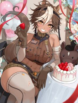 1boy abs absurdres animal_ears azuki_(azuki_azukki) balloon breasts brown_eyes brown_gloves brown_hair brown_shirt cake commentary crossed_legs english_commentary food fruit gloves highres holding holding_food holding_fruit horse_ears horse_girl horse_tail large_breasts multicolored_hair second-party_source shirt short_hair sitting smile solo strawberry strawberry_cake tail teeth thick_thighs thighhighs thighs tomoe_umari tomoe_umari_(1st_costume) umarmy_(tomoe_umari) v-dere virtual_youtuber white_hair white_thighhighs