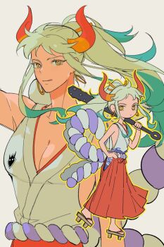 Rule 34 | 1girl, arrrrrrrrrrrow, bare shoulders, blue hair, breasts, cleavage, club (weapon), earrings, full body, hair ornament, hakama, hakama skirt, hand on own hip, high ponytail, highres, holding, holding club, holding weapon, hoop earrings, horns, japanese clothes, jewelry, kimono, long hair, looking at viewer, medium breasts, multicolored hair, multiple views, one piece, ponytail, red hakama, skirt, sleeveless, sleeveless kimono, two-tone hair, upper body, weapon, white hair, white kimono, yamato (one piece)