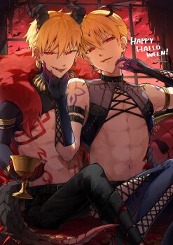 2boys abs armlet blonde_hair bracelet cloud couch cropped_vest cup demon_boy demon_horns demon_tail dragon_boy dragon_horns dragon_tail dual_persona earrings fangs fate/grand_order fate_(series) gilgamesh gilgamesh_(caster)_(fate) gilgamesh_(fate) gloves halloween highres holding holding_cup holy_grail_(fate) horns indoors jewelry looking_at_viewer male_focus multiple_boys navel necklace on_couch open_mouth pants red_eyes red_sky selfcest short_hair shrug_(clothing) sitting sky smile tail tattoo toned toned_male tongue tongue_out tuna_kann5 vest window yaoi