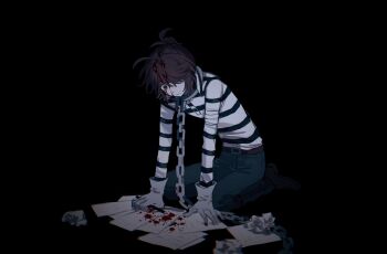 1boy bandages_over_clothes black_background blood blood_on_face blood_on_paper brown_hair brown_shoes chain collar crumpled_paper denim empty_eyes expressionless full_body gloves green_eyes highres identity_v injury jeans kneeling leg_brace looking_at_object looking_down luca_balsa male_focus metal_collar nki_ki_ki pants paper ponytail shirt shoes short_ponytail solo striped_clothes striped_shirt white_gloves wide-eyed