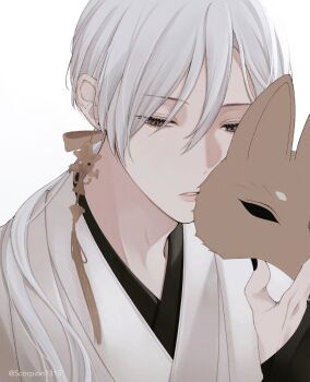 Rule 34 | 1boy, absurdres, black nails, bridal gauntlets, earrings, fox mask, fox mask (silent hill), grey eyes, hair between eyes, hair over shoulder, hair ribbon, half-closed eyes, highres, japanese clothes, jewelry, long hair, low ponytail, male focus, mask, nail polish, parted lips, ponytail, removing mask, ribbon, ririco (scorpion1315 ), robe, silent hill (series), silent hill f, single earring, solo, tassel, tassel earrings, twitter username, upper body, white background, white hair, white robe