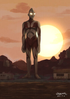 1boy absurdres alien beach building cloud coast day forest giant glowing glowing_eyes harumakoto47 highres hill kaijin nature no_humans no_pupils orange_sky seijin shin_ultraman sky sun superhero_costume tree tsuburaya_productions twilight ultra_series ultraman variant_set water waves yellow_eyes