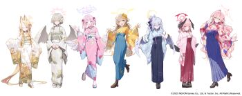 Rule 34 | 6+girls, absurdly long hair, alternate costume, alternate hairstyle, animal ear fluff, animal ears, azusa (blue archive), black boots, black wings, blonde hair, blue archive, blue kimono, blue skirt, blush, boots, bow, brown hair, closed mouth, commentary request, feathered wings, floral print, floral print kimono, flower, forehead, fox ears, fox girl, fox tail, full body, grey hair, grey kimono, grey sash, hair between eyes, hair bow, hair flower, hair ornament, hair ribbon, halo, hanako (blue archive), head wings, hifumi (blue archive), highres, japanese clothes, kimono, koharu (blue archive), long hair, looking at viewer, low wings, make-up work club (blue archive), mika (blue archive), multiple girls, nagisa (blue archive), ningen mame, obi, official art, open hands, open mouth, pink eyes, pink hair, pink halo, pink kimono, ponytail, print kimono, purple eyes, purple flower, purple hair, purple skirt, red ribbon, ribbon, sandals, sash, seia (blue archive), simple background, skirt, sleeves past fingers, sleeves past wrists, smile, socks, standing, standing on one leg, tabi, tail, tea party (blue archive), very long hair, white background, white flower, white kimono, white sash, white socks, white wings, wings, yellow bow, yellow eyes, yellow halo, yellow kimono