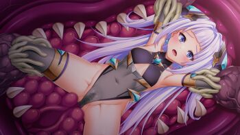 1girl armpits black_leotard blue_eyes blush breasts cameltoe censored chest_jewel covered_navel earrings elbow_gloves exs-tia_guilt game_cg gloves grey_leotard grey_thighhighs hair_intakes hair_ornament hetero highleg highleg_leotard imminent_penetration imminent_rape imminent_vaginal jewelry kamitsurugi_ouka kouyoku_senki_exs-tia_concert large_variant_set leotard long_hair lying magical_girl monster mosaic_censoring non-web_source official_art on_back open_mouth restrained scared small_breasts solo spread_legs sugahara_mifuyu teeth tentacles thighhighs variant_set very_long_hair white_hair wide-eyed