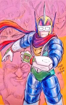 1girl 5boys armor artist_name beard black_bravo bravoman bravoman_(series) closed_mouth commentary dated dr._bakuda english_commentary facial_hair floating_scarf gloves goggles grin heika_(heikahp) helmet hikimayu kaname_(bravoman) looking_at_viewer mask multiple_boys pistol_daimyou red_scarf scarf smile solo_focus standing sunglasses traditional_media waya-hime white_gloves