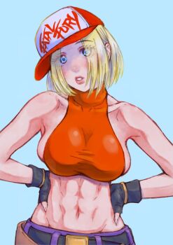1girl abs baseball_cap belt black_belt blonde_hair blue_eyes blue_mary breasts brown_belt delarocha82 fatal_fury fatal_fury_cap female_focus hands_on_own_hips hat large_breasts looking_at_viewer loose_belt midriff muscular muscular_female navel parted_lips snk solo teeth