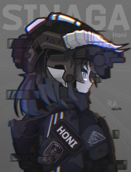 1girl absurdres blue_eyes dated english_text grey_background helmet highres looking_to_the_side medium_hair military_uniform original ra_bipolar solo