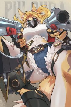 1girl animal_ears black_gloves black_mask black_shoes blonde_hair blue_shorts body_fur breasts cat_ears cat_girl cat_tail character_name dan_syron fingerless_gloves gloves green_eyes gun highres holding holding_gun holding_weapon large_breasts long_hair looking_at_viewer navel o-ring o-ring_thigh_strap parted_bangs ponytail pulchra_fellini shoes shorts solo tail thigh_strap weapon yellow_fur zenless_zone_zero