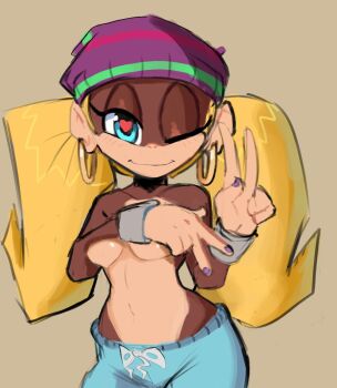 1girl beanie blonde_hair breasts covering_breasts covering_privates curvy davenextdoor_(justdavefnd) donkey_kong_(series) earrings furry furry_female hat heart heart-shaped_pupils hoop_earrings jewelry long_hair monkey_girl nail_polish navel nintendo one_eye_closed pants shiny_skin smile sweatpants symbol-shaped_pupils tiny_kong topless_female twintails v wink