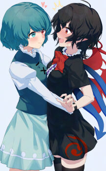 2girls asymmetrical_wings black_dress black_hair black_thighhighs blue_eyes blue_hair blue_skirt blue_vest blue_wings blush bow bowtie closed_mouth commentary_request commission dress embarrassed frills heterochromia highres houjuu_nue hug kisamu_(ksmz) long_sleeves looking_at_another medium_hair multiple_girls pointy_ears red_bow red_bowtie red_eyes red_wings shirt short_dress short_sleeves skeb_commission skirt smile tatara_kogasa thighhighs touhou two-tone_wings vest white_shirt wings yuri zettai_ryouiki