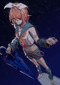 1girl bandaged_arm bandages bare_shoulders bleeding blonde_hair blood blue_eyes blue_umbrella bow broken_umbrella commentary crop_top detached_sleeves dutch_angle foreshortening hair_bow hair_ornament hairclip headphones headset highres holding holding_umbrella injury kagamine_rin leg_warmers looking_to_the_side midriff navel outstretched_hand perspective rain sad sailor_collar serious shirt short_hair shorts sleeveless sleeveless_shirt solo torn_umbrella umbrella vocaloid water_drop wet wet_clothes wet_hair wounds404