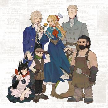 3boys 3girls alternate_costume apron beard blacksmith boots chilchuck_tims contemporary dungeon_meshi dwarf elf enmaided facial_hair falin_touden falin_touden_(tallman) flower full_body gloves happy height_difference highres holding holding_flower izutsumi laios_touden large_pectorals long_beard maid marcille_donato multiple_boys multiple_girls mustache null1399 pectorals pointy_ears senshi_(dungeon_meshi) sidepec smile standing thick_mustache