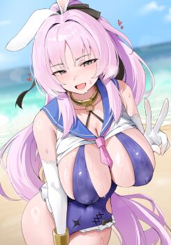 1girl :d absurdres animal_ears beach blue_one-piece_swimsuit blue_sailor_collar blue_sky blurry blurry_background blush breasts clothes_lift day elbow_gloves fluffyebi01 gloves grey_eyes hair_ribbon highres horizon large_breasts long_hair looking_at_viewer ocean one-piece_swimsuit open_mouth outdoors purple_hair rabbit_ears ribbon sailor_collar shia_(stella_sora) shirt shirt_lift sidelocks sky smile solo stella_sora sweat swimsuit v very_long_hair white_gloves white_shirt