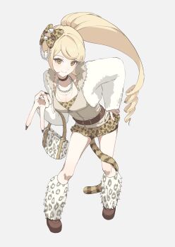 1girl alternate_costume bag bead_necklace beads blonde_hair bow breasts cat_hair_ornament danganronpa_(series) danganronpa_2:_goodbye_despair hair_bow hair_ornament highres jacket jewelry kuma_(id7dug) large_breasts leaning_forward long_hair long_sleeves microskirt nail_polish necklace ponytail saionji_hiyoko skirt smile tail v white_jacket