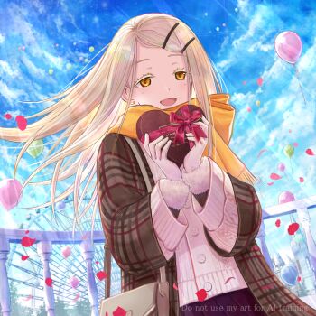 Rule 34 | 1girl, amusement park, balloon, blonde hair, box, brown bag, brown coat, castle, coat, commentary request, day, earrings, ferris wheel, fur-trimmed sleeves, fur trim, gakuen idolmaster, gift, hair ornament, hairclip, heart, heart-shaped box, heart earrings, highres, holding, holding box, idolmaster, jewelry, long hair, long sleeves, looking at viewer, open mouth, orange eyes, orange scarf, outdoors, parallel hairclips, petals, pink sweater, plaid clothes, plaid coat, pleated skirt, purple skirt, railing, scarf, shinosawa hiro, skirt, smile, solo, sweater, tanaka fumiko, upper body, valentine