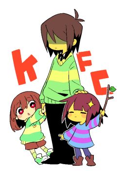 3others boots brown_hair chara_(undertale) closed_eyes closed_mouth colored_skin commentary_request deltarune frisk_(undertale) heart heart_necklace holding holding_hands holding_stick jewelry kris_(deltarune) leaf long_sleeves macotea multiple_others necklace open_mouth pants red_eyes shaded_face shorts simple_background sparkle standing stick striped_clothes striped_sweater sweater undertale utdr_(toby_fox) white_background yellow_skin