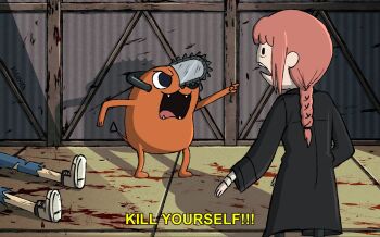 1boy 1girl adventure_time angry blood blood_on_ground blood_stain braid braided_ponytail chainsaw_man denji_(chainsaw_man) fangs makima_(chainsaw_man) makima_(chainsaw_man)_(cosplay) meme open_mouth pink_hair pochita_(chainsaw_man) pointing pointing_at_another rivensner scene_reference sidelocks