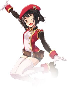 1girl alpha_transparency arched_back artist_request badge belt belt_buckle beret black_hair black_shirt black_shorts black_sleeves breasts brown_belt brown_eyes brown_shoes buckle buttons collared_shirt gloves gold_buttons hat head_tilt ispin_charles jacket knees_together_feet_apart large_belt loose_belt medium_breasts midair military_hat military_uniform narrow_waist nexon official_art one_eye_closed open_hands open_mouth plain_epaulettes red_hat red_jacket second-party_source shirt shoes short_hair shorts simple_background skinny sleeve_cuffs sleeveless sleeveless_jacket smile solo tales_weaver thighhighs tongue transparent_background undershirt white_gloves white_jacket white_thighhighs wing_collar yellow_trim